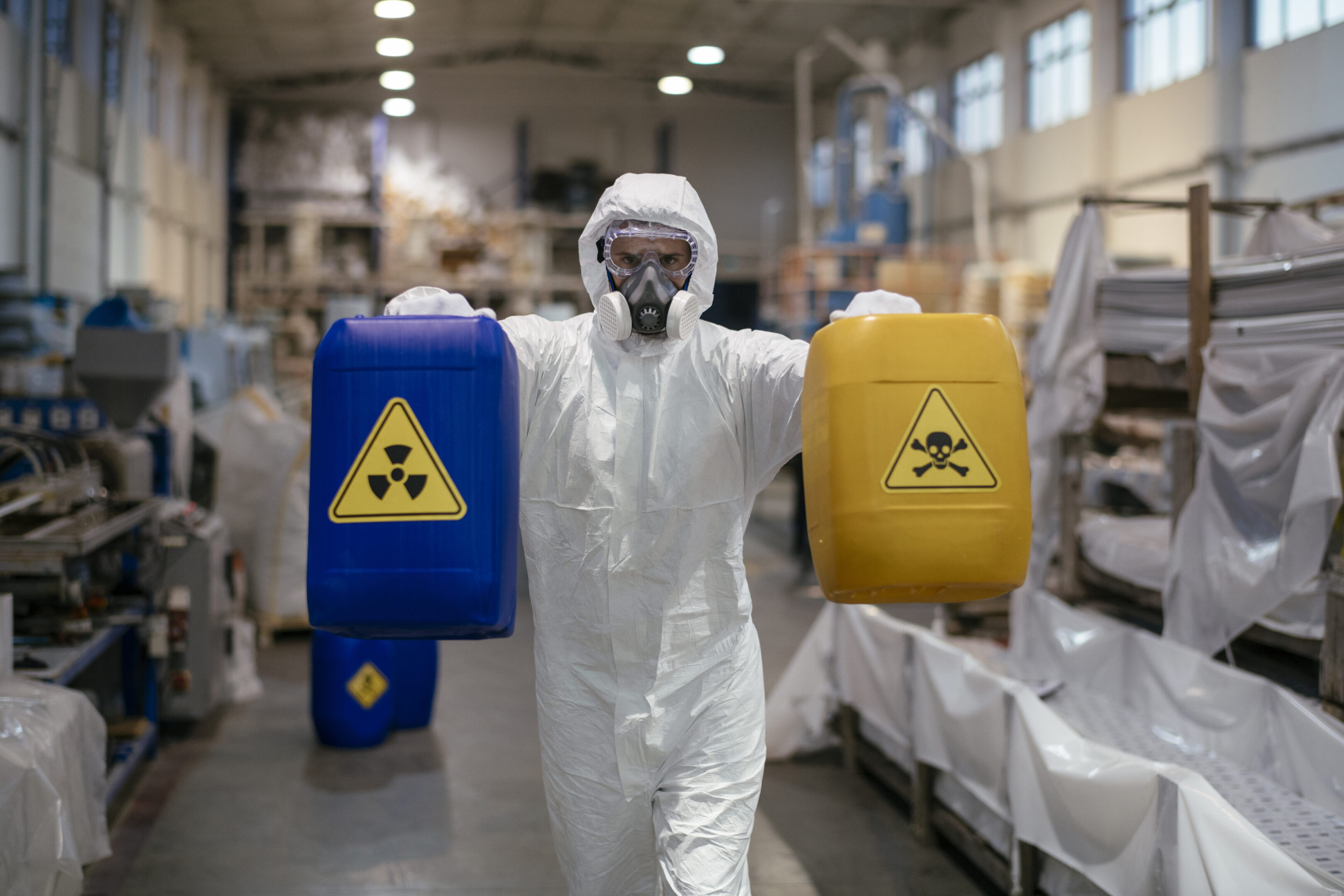 Person in hazmat suit carrying hazardous containers.
