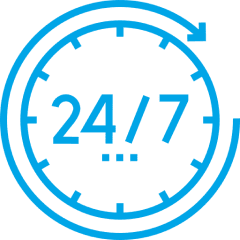 24/7 blue clock icon on black background.
