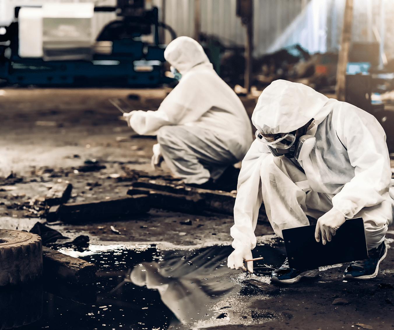 Scientists in protective suits collecting water samples.
