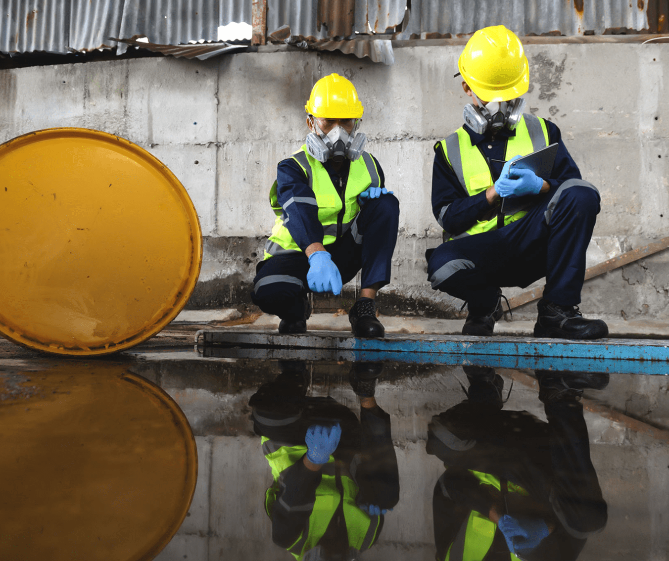 Inspectors in safety gear examining water spill.